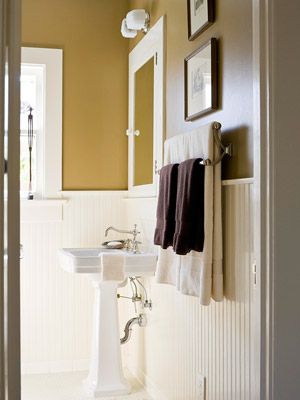 Yellow Bathroom Design Ideas Painted Wainscoting, Beadboard Bathroom, Beadboard Wainscoting, Wainscoting Styles, Mustard Walls, White Wainscoting, Yellow Bathroom, Yellow Bathrooms, Gold Bathroom