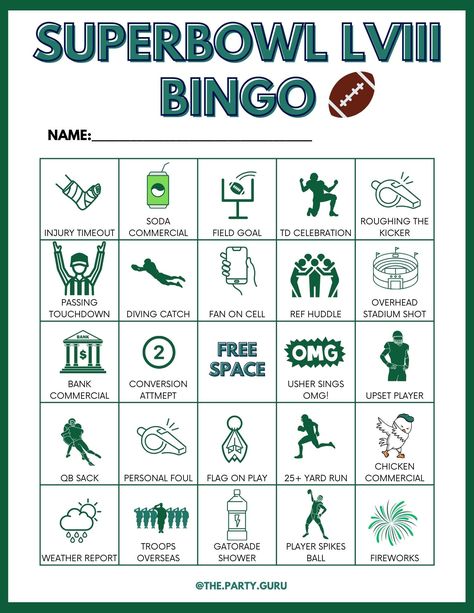 "🏈 Are you ready for a little friendly competition on Superbowl Sunday.  Good thing, cause I've crafted a 15 card football BINGO pack specifically for the BIG Game.  Guaranteed to generate some light hearted chirping.  I love both football and bingo...so this was the perfect marriage for me!   I've displayed a few of the 15 to give you an idea of what you're purchasing.  Trust me...this is a ton of fun and great value.  Fifteen bingo cards, all different, are filled with plays, penalties, half-time show nods and random events that may or may not happen during the game.  I've also made the TV commercial references generic so my fellow Canadians 🇨🇦 (who can't watch the cool American ads) can play along as well.  We always get the shaft.  When I'm hosting, I like to award prizes for one li Super Bowl Bingo, Printable Bingo Cards, Bingo Online, Game Bingo, Free Bingo Cards, Bingo Template, Bingo Cards Printable, Bingo Printable, Beer Signs