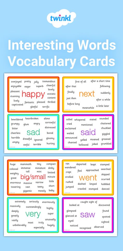 These colourful cards feature a selection of different words that can be used to make writing more interesting! Great as a general visual writing aid, and perfect for keeping on hand. These are brilliant for encouraging your children to expand their horizons and use more exciting vocabulary during independent writing activities. Sign up to Twinkl to download this resource. #vocabulary #vocabularyactivities #words #SPaG #teaching #teacher #twinkl #twinklresources #literacy #homeeducation Vocabulary Words For Grade 2, Vocabulary Building Activities, Vocabulary Words Activities, Sign Language For Toddlers, Interesting Words, Teacher Essentials, Word Building Activities, Word Work Stations, Words Vocabulary