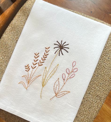 Fall Wildflowers Flour Sack Tea Towel #handstitched Flour Sack Embroidery Patterns, Hand Embroidered Tea Towels, Embroidered Tea Towels Diy, Embroidery Tea Towels, Dish Towel Embroidery, Fall Wildflowers, Embroidered Tea Towels, Tea Towels Embroidery, Tea Towels Diy