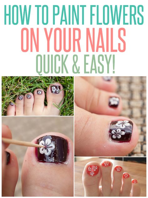 A quick and easy way to paint flowers on your nails Flower Pedicure, Flower Toe Nails, Easy Toe Nail Designs, How To Paint Flowers, Simple Toe Nails, Pedicure Designs, Flower Nail Designs, Popular Nails, Toe Nail Designs