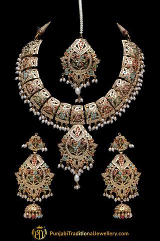 Jadau Necklace Set, Punjabi Necklace, Punjabi Traditional Jewellery, Jadau Necklace, Hyderabadi Jewelry, Jadau Jewellery, Bridal Jewelry Sets Brides, Indian Wedding Jewelry Sets, Bridal Necklace Designs