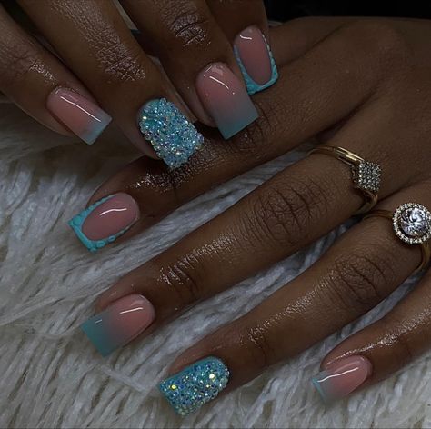 Homecoming Nail Inspo 2023, Teal Nails Short Square, Birthday Nail Set Ideas June, Short Baby Blue Nail Ideas, Birthday Nails Blue Short, Teal Nail Ideas Acrylic, Cyan Nail Designs, Teal Hoco Nails, Different Color Blue Nails