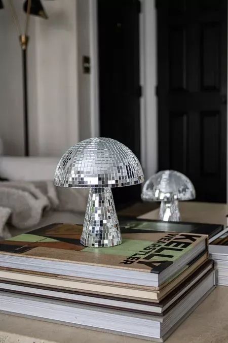 coffee table decor, disco mushrooms, home decor book, amazon home decor Mushroom Disco Ball, Disco Mushroom, Mirror Disco Ball, Ball Mirror, Disco Mirror, Funky Vibes, Mirrored Tile, Disco Ball Light, Bedroom Redo