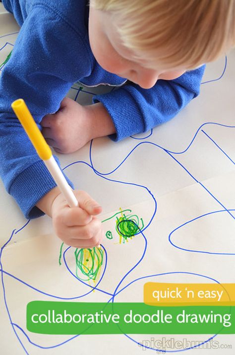 collaborative doodle drawing - a quick and easy activity Partner Drawing Activity, Osc Activities, Group Art Projects For Kids, Intergenerational Activities, Doodle Pictures, Toddler Drawing, Ideas For Drawing, Group Art Projects, School Age Activities