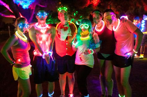 We need ideas for our Moonlight Run, check them out - and help us out: glow run | You run through areas like this! Neon Running Outfit, Walkathon Ideas, 5k Costume, Neon Run, Glow Run, Night Run, 5k Run, Mother Runner, Neon Birthday