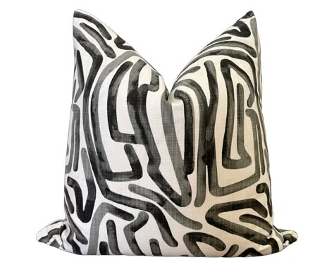 Labyrinth abstract print pillow cover in faded salmon and white Color: Black (brushed) and White Pattern on both sides Size: 20x20 inch or 12x20 inch Overcast & Serged stitched for a professional and durable finish Invisible zipper enclosure Pillow form not included Due to pattern repeat, pattern layout or appearance will vary slightly for each pillow Machine Wash Cold/Flat Dry/Iron Maze Design, White Decorative Pillows, Black And White Pillows, Linen Pillow Cover, Beige Pillows, Pillow Form, Black Pillows, Outdoor Pillow Covers, Print Pillow