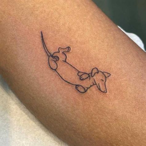 Weenie Dogs Tattoo, Mini Daschund Tattoo, Floral Dachshund Tattoo, Dash Hound Tattoos, Dog Tattoo Ideas Dachshund, Dachshund Tattoos For Women, Dog Tribute Tattoo Small Dachshund, Simple Weenie Dog Tattoo, Daschund Outline Tattoo