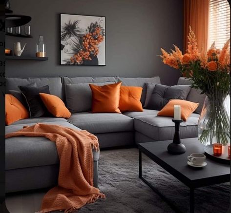 Orange And Grey Living Room Decor, Cushions For Grey Sofa, Grey And Orange Living Room, Burnt Orange Living Room, Grey Sofa Living Room, Living Room Decor Gray, Living Room Orange, Apartment Living Room Design, Hus Inspiration