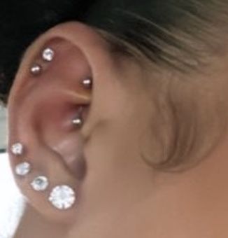 Follow for more Ear Piercings Mapping, 4 Ear Piercings In A Row, Diamond Ear Piercings, Inside Ear Piercing, Surface Tragus, Top Ear Piercing, Flat Piercing, Ear Lobe Piercings, Piercing Inspo