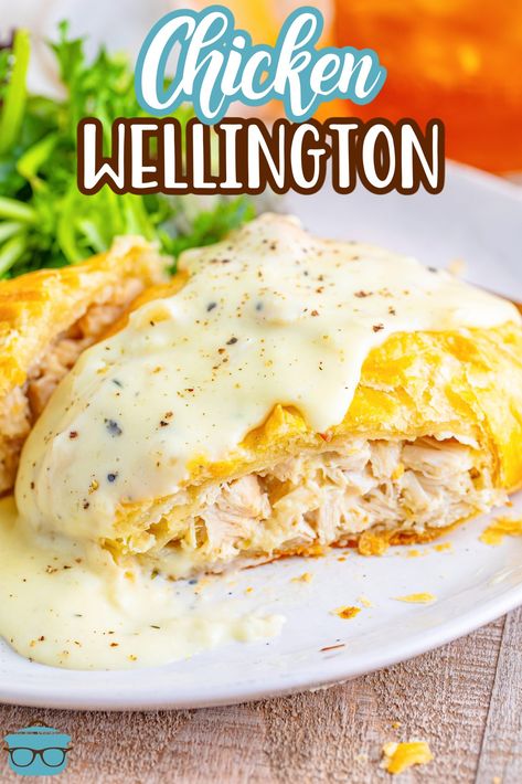 This recipe for Chicken Wellingtons is made with a flaky puff pastry that hugs a flavorful, creamy chicken mixture. These come together easily and are a dinner the whole family will love! Chicken Wellington, Chicken And Pastry, Puff Pastry Recipes Savory, Puff Pastry Chicken, Chicken Puffs, Recipe For Chicken, Country Cook, Wayne County, The Country Cook