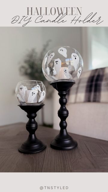 Tara Tedesco on Instagram: "DIY CANDLE HOLDERS! Follow @tnstyled for more easy ideas! These were so cute and easy to make! I picked up some black and white paint, some candles sticks and these glass globes (I’ll link what I can in my bio) and these came together in under 20 minutes! Just paint little ghosts on the glass don’t worry about them being perfect and then dot on some eyes and a mouth! I used fake candles in here and they look so cute lit up at night. #diy #ootd #falldecor #decor #hal Diy Halloween Candle Holders, Diy Candle Stick Holder, Halloween Candles Diy, Home Decor Easy Diy, Diy Candle Sticks, Fake Candles, Ghost Candles, Ghost Diy, Halloween Lanterns