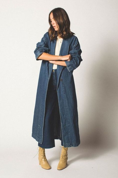 On Our Radar: Fall Wardrobe Staples - The Fold Tailored Denim Jacket, Denim Coat Outfit, Duster Coat Outfit, Duster Outfit, Denim Duster Coat, Dress Coat Outfit, Long Denim Coat, Denim Duster, Jean Trench Coat