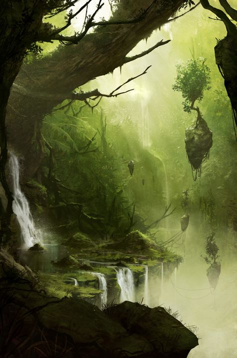 Forest with floating stuff, Pascal Quidault on ArtStation at https://www.artstation.com/artwork/9LkdW Fey Forest, Forest Elf Aesthetic, Fantasy Jungle, Mythical Forest, Forest Kingdom, Fantasy Aesthetics, Forest Elf, Fantasy Forest, Fantasy Places