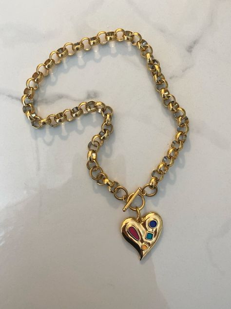 Heart Necklace, Gold Heart Necklace, Gold Chunky, Rolo Chain Necklace, Retro Aesthetic Jewelry, Toggle Necklace With Heart - Etsy Statement Necklace Outfit, Chunky Gold Jewelry, Chunky Gold Necklaces, Heart Necklace Gold, Necklace Outfit, Necklace With Heart, Aesthetic Jewelry, Toggle Necklace, Chunky Jewelry