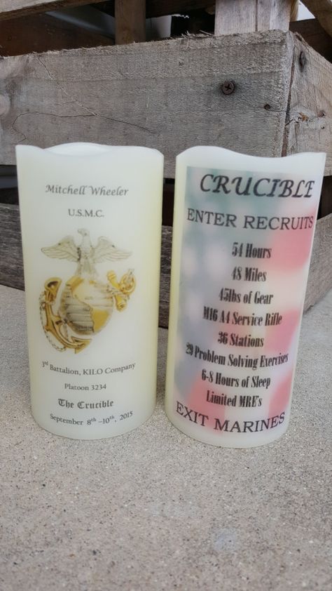 USMC Marine Corps Crucible Candle Have it by UnitedByCandleLight Marine Crucible, Usmc Graduation, Crucible Candle, Marine Parents, Usmc Girlfriend, Deployment Party, Marine Son, Future Marine, Usmc Mom