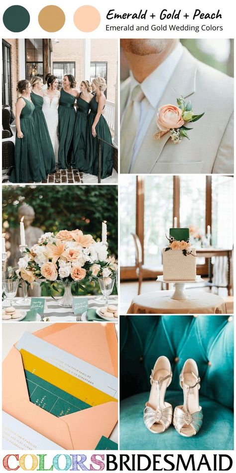 emerald green gold and peach wedding color palettes, emerald bridesmaid dress, white bridal gown, peach and white flower bouquet, wedding centerpieces and wedding cake decor, gold wedding shoes, gold bridegroom tie and peach corsage, emerald and peach wedding invitations with gold letters. #weddingcolors #weddingideas #greenweddings #colsbm #2024 #bridesmaiddresses #emeraldandgoldwedding #emeraldgoldandpeach Emerald And Peach Wedding, White Flower Bouquet Wedding, Peach Corsage, Emerald Green And Gold Wedding, White And Gold Wedding Themes, Peach Gold Wedding, Peach Wedding Theme, Peach Wedding Decorations, Emerald Green Wedding Theme