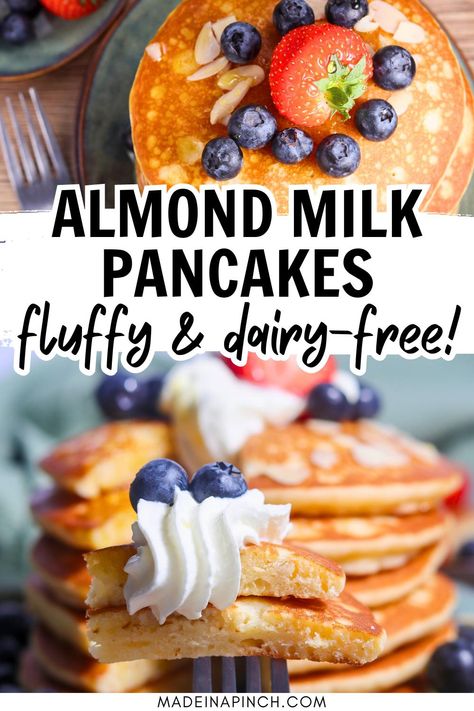 stacked image of two different angles of stacks of almond milk pancakes with text overlay Pancake Recipe With Almond Milk, Dairy Free Pancakes Almond Milk, Pancake Recipe Dairy Free, Pancake Recipe No Milk, Pancakes With Almond Milk, Milk Free Pancakes, Dairy Free Breakfast Ideas, Almond Milk Pancakes, Dairy Free Pancake Recipe