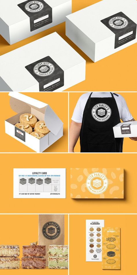 Moodboard consisting of a Tito Parley's black and yellow packaging box, Apron, business cards, menu cards, and supporting brand collateral. Shop Branding Design, Bakery Branding Design, Graphic Designer Studio, Bakery Packaging Design, Dessert Logo, Cake Branding, Bakery Business Cards, Shop Branding, Bakery Branding