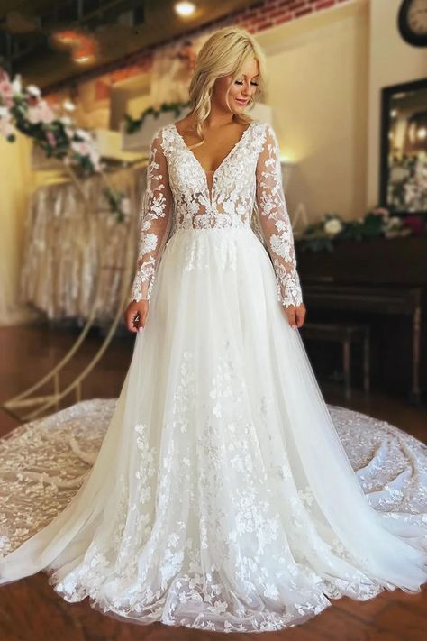 Elegant A Line Wedding Dresses V Neck Lace Appliques Long Sleeves Button Bridal Gowns Floor Length Tulle Lace Wedding Dress, Floral Wedding Dress, Sophisticated Wedding, Wedding Dress Fabrics, Future Mrs, Lace Decor, Lace Wedding Dresses, Western Wedding, Long Wedding Dresses