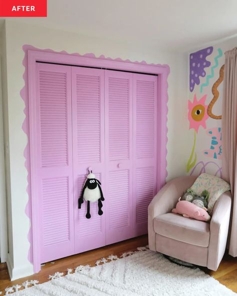 Pink And Purple Kids Room, Louvered Closet Doors, Laura Gummerman, Bright Paint Colors, Painted Closet, Bright Paint, Wall Applications, Bifold Closet Doors, Sectional Sofas Living Room