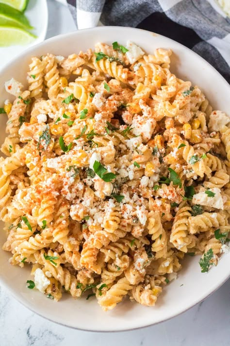 The best street corn pasta salad! So easy to make and so delicious! Taco Tuesday Potluck Ideas, Cinco De Mayo Brunch Ideas, Cinco De Mayo Appetizers For Party, Cinco De Mayo Potluck Ideas, Backyard Party Food Ideas, Fiesta Food Ideas, Bbq Party Appetizers, Mexican Apps, Housewarming Food