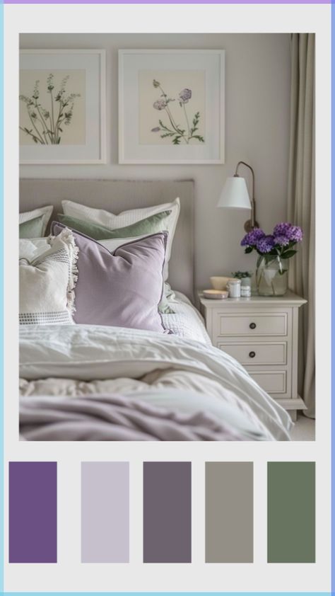 Lavender Bedroom Color Scheme, Bedroom Lilac And Grey, Cute Color Schemes Bedrooms, Cream And Lavender Bedroom, Bedroom Color Combination Green, Lavender Sage Bedroom, Bedroom Decor Lavender, Elegant Purple Bedroom, Bedroom Inspirations Color Palettes