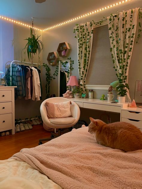 Pretty Colors To Paint A Bedroom, Bedroom Ideas With Cats, Minimalist Indie Room, Cat Inspired Bedroom, Aesthetic Room With Cat, Soft Indie Bedroom, Room Inspo 2023, Pastel Indie Room, Aestic Room Decor