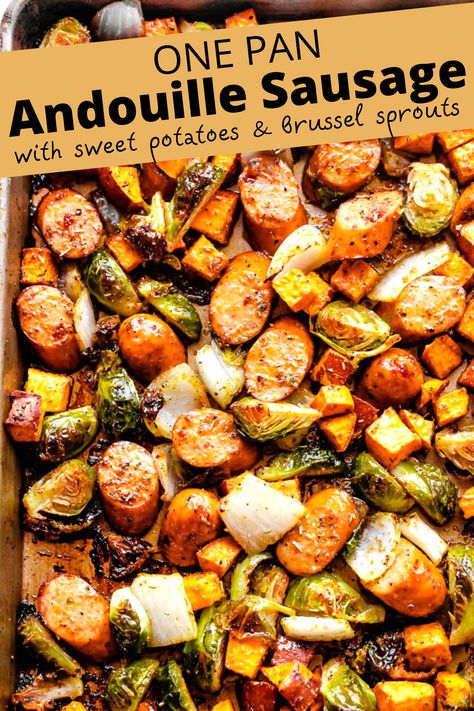 Brats And Brussel Sprouts, Andouille Sausage Recipes Easy, How To Cook Andouille Sausage, Sheet Pan Meals Sausage, Rope Sausage, Sausage Meals, Andouille Sausage Recipes, Winter Flavors, Sprouting Sweet Potatoes