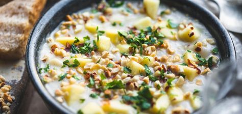 Celeriac, Apple & White Bean Soup recipe / Riverford Winter Lunch, White Bean Soup Recipes, Bean Soup Recipe, Bean Soup Recipes, Bacon Burger, Apple White, White Bean Soup, White Bean, Cooking Prep