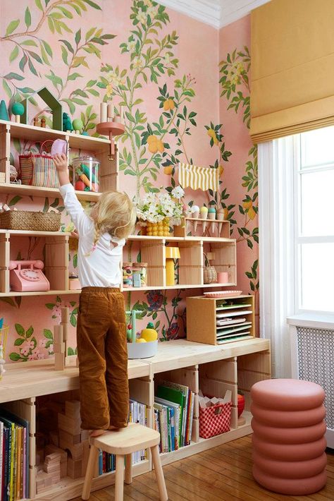 Wooden Shelf, Big Girl Rooms, Kids Room Design, Toddler Room, Kids Playroom, Kid Spaces, Kids' Room, Childrens Room, Perfect Wallpaper