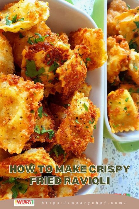 Crispy Fried Ravioli with spices on top Fried Ravioli Recipe, Fried Ravioli, Toasted Ravioli, Make Ahead Appetizers, Ravioli Recipe, Cheese Ravioli, Creamy Cheese, Easy Video, Big Bowl