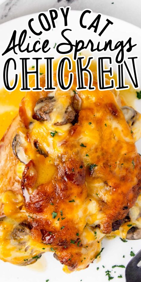 If you love the mouthwatering, juicy Alice Springs Chicken at Outback Steakhouse, you are going to LOVE this copycat Outback Steakhouse Alice Spring Chicken Recipe! With mushrooms, crispy bacon, lots of cheese, and a divine honey mustard sauce, this is sure to become a staple at your home! Alice Spring Chicken, Outback Chicken, Outback Steakhouse Alice Springs Chicken Recipe, Alice Springs Chicken Outback, Copycat Outback, Recipe With Mushrooms, Alice Springs Chicken, Outback Steakhouse, Spring Chicken