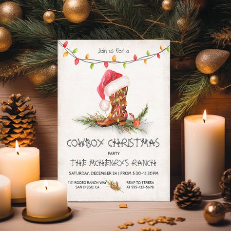 Cowboy Christmas Party, Cowboy Thanksgiving, Southwest Christmas, Valentines Dance, Western Invitations, Christmas Birthday Invitations, Watercolor Party, Cowboy Santa, Wild West Theme