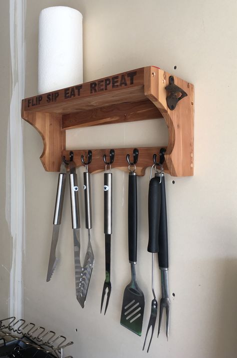 DIY upcycled shelf into grill utensil holder! Father's Day, boyfriend, husband gift. Grill Shelf Ideas, Grill Tool Holder Diy, Grilling Utensil Storage, Grilling Utensil Storage Diy, Grill Utensil Holder Diy, Grilling Organization, Bbq Utensil Holder Ideas, Bbq Utensil Storage Ideas, Grill Utensil Storage