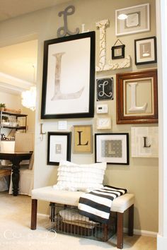 like this idea... Picture Layout, Jones Design Company, Cottage Decorating, Deco Champetre, Framed Pictures, Diy Casa, Picture Framing, Monogram Wall, Courtyard House