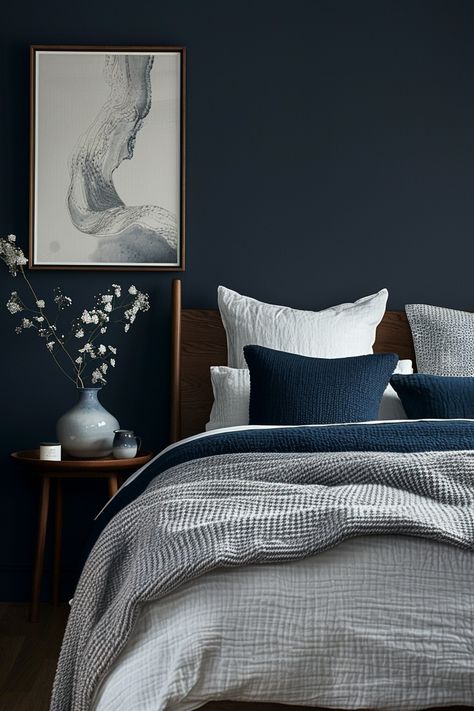 Moody Bedroom Retreats: 56 Stunning Ideas of Dark Elegance - Quiet Minimal Birthday Bedroom Surprise, Birthday Decorations Bedroom, Blue Feature Wall Bedroom, Guy Bedroom Ideas, Dark Blue Rooms, Dark Cozy Bedroom, Opulent Bedroom, Moody Bedroom Ideas, Dark Blue Bedrooms