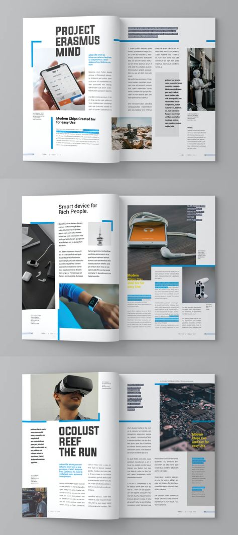 Magazine Template INDD - 15 custom pages design - A4 and US Letter size Finance Magazine Design, University Magazine Design, Magazine Inside Page Design, Tech Magazine Layout Design, Magazine Inside Pages, Magazine Page Design, Inside Magazine, Magazine Page Layouts, Technology Magazine