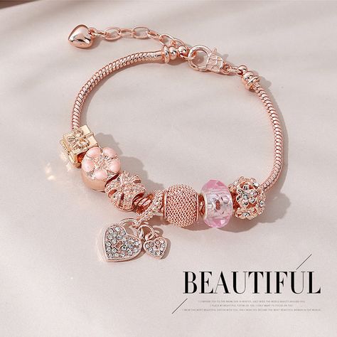 Pandora Rose Gold Bracelet, Charm Bracelet Pink, Pink Charm Bracelet, Jewellery Shoot, Pandora Bracelet Charms Ideas, Charm Bracelets For Girls, Flower Charm Bracelet, Pandora Bracelet Designs, Pandora Rose Gold