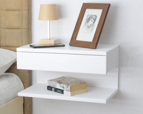 Wall Mounted Drawer Shelf, Floating Storage Bedroom, No Room For Nightstand Modern, Bedroom With No Bedside Table, Floating Shelves Bedside, Small Table Beside Bed, Bed Side Shelf Floating Nightstand, White Floating Bedside Table, Bedside Table Small Space Modern