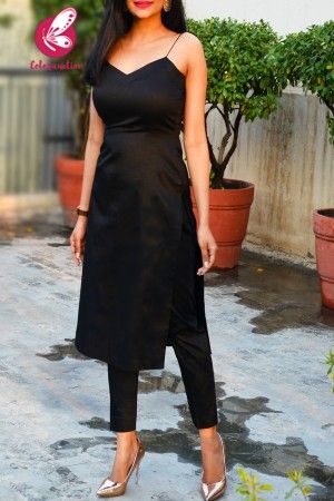 Buy Black and White Printed Crepe Cap Sleeves Kurti Online in India | Colorauction Spegetive Kurti, Black Suit Design For Women, Single Strap Kurti Designs, Strap Kurti Designs Indian, Black Kurti Designs Latest Fashion, Black Kurta Designs Women, Black Kurti Outfit, Black Suit For Women Indian, Kurti Sets For Women