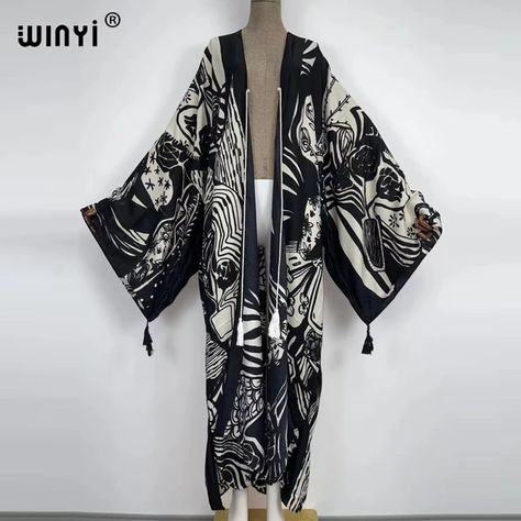 WINYI 2022 Bohemian Printed Summer Beach Wear Clothing Long Kimono kaftan Tunic Women Tops Belted Wrap Coat robe sexy femme _ - AliExpress Mobile Kimono Fashion Street Style Casual, White Kimono Dress, Black And White Kimono, Striped Kimono, Belt Kimono, Belted Wrap Coat, Kaftan Tunic, Printed Kimono, White Kimono