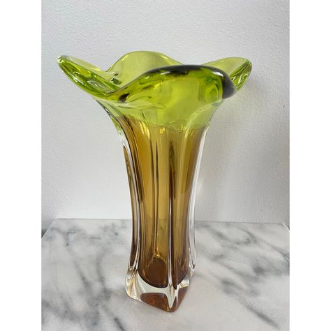 A tall sculptural Sommerso style art glass vase, designed by Josef Hospodka in the 1960's, made by the Bohemia Glass, Czech Republic.   The vase features a clear outer and amber brown inner base fading up to a chartreuse green colored top. Josef Hospodka, Fade Up, Bohemia Glass, Amber Brown, Chartreuse Green, Art Glass Vase, Modern Branding, Style Art, Czech Republic