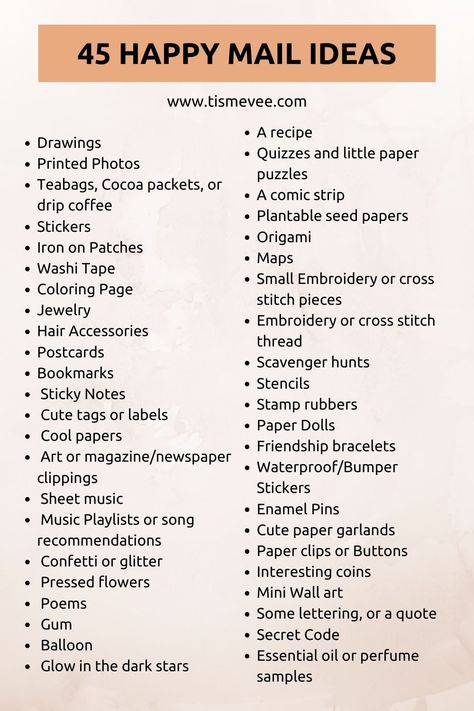 45 Things to Put In Your Happy Mail - TIS ME, VEE Things To Write In A Penpal Letter, Stuff To Put In Letters, Fun Penpal Ideas, Gifts To Fit In An Envelope, Fun Things To Mail, Letter Writing Aesthetic Ideas, Cute Things To Put In A Letter, Cute Things To Put In Letters, Gifts For Penpals