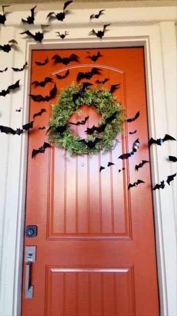 Garage Door Bats Halloween, Halloween Front Door Decorations Entrance, Bat Door Decoration, Front Door Bats Halloween, Bats On Front Door, Frickin Bats, Halloween Front Door Decorations, Paper Bat, Bat Decorations