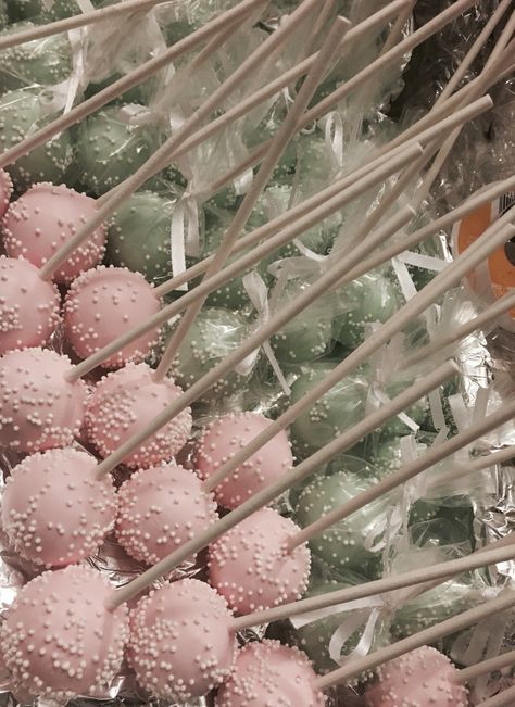 Homemade Cake Pops Chocolate & Vanilla Cake  Pink & Mint Green #Wedding #EivyMarie Pink Green White Party Decor, Pink Gold Green Birthday Party, Sage Green And Pink Cake Pops, Sage Green And Pink Cake Birthday, Mint Green Sweet 16 Decorations, Green Pink Party Decorations, Sage And Pink Party Decor, Pink And Green Cake Pops, Sage Green And Lavender Sweet 16