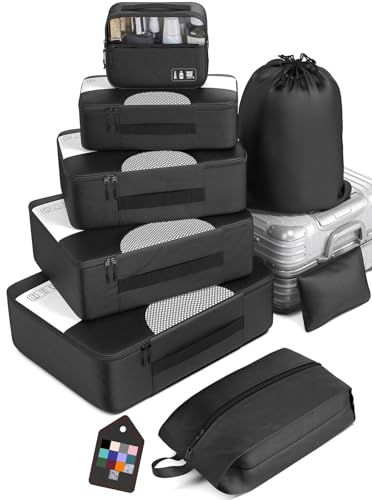 Veken 8 Set Packing Cubes for Suitcases, Travel Essentials for Carry on, Luggage Organizer Bags Set for Travel Accessories in 4 Sizes (Extra Large, Large, Medium, Small), Black Luggage Organizer, Suitcases Travel, Black Luggage, Suitcase Organization, Travel Cubes, Packing Organizers, Luggage Organization, Travel Bag Organization, Accessories Packing