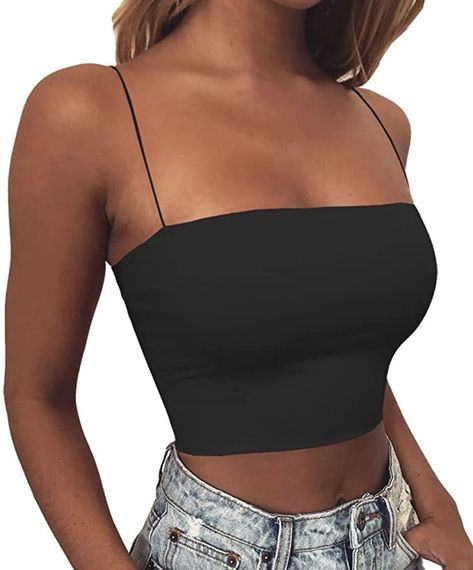 Black Spaghetti Strap Top Outfit, Basic Crop Top Outfits, Spaghetti Top Outfit, Spaghetti Strap Top Outfit, Strap Tops Outfit, Black Spaghetti Top, Tube Top With Straps, Cami Top Outfit, Basic Crop Tops