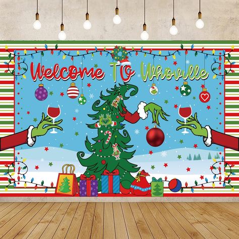 PRICES MAY VARY. Transform your celebration into Whoville! Perfect for holiday party décor, this backdrop banner shows the Grinches and his reindeer wannabe doggy, fresh from stealing Christmas. Material - This christmas banner is made of durable polyester fabric, which can serve for a long time use; It is light weight, washable, tear-resistant and easy to carry. Dimension of Christmas Banner - Measures approx. 160 x 100 cm/ 63 x 39.4 inches, it will look so gorgeous wherever you set it on your Whoville Christmas Backdrop, Whoville Christmas Decorations Indoor, Grinch Christmas Office Decorations, Grinch Christmas Bulletin Board Ideas, The Grinch Classroom Decorations, Whoville Bulletin Board Ideas, Whoville Classroom Decorations, Whoville Classroom Door, Whoville Classroom