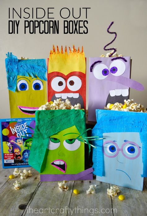 Make familiy movie night extra fun with these Inside Out Inspired DIY Popcorn Boxes #InsideOutMovieNight ad Inside Out Arts And Crafts For Kids, Inside Out 2 Crafts, Inside Out Crafts For Kids, Diy Popcorn Boxes, Inside Out Crafts, Inside Out Activities, Inside Out Party Ideas, Inside Out Birthday, Inside Out Party